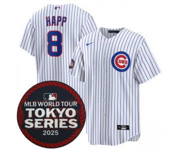 Men's Chicago Cubs #8 Ian Happ White 2025 World Tour Tokyo Series Home Stitched Baseball Jersey