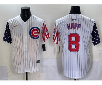 Men's Chicago Cubs #8 Ian Happ White Pinstripe 2025 Independence Day Vapor Premier Limited Stitched Baseball Jersey