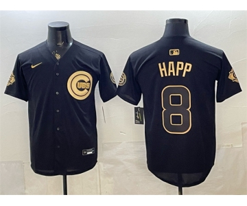 Men's Chicago Cubs #8 lan Happ Black Gold 150th Anniversary Patch Stitched Baseball Jersey