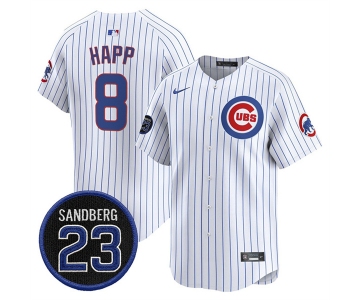 Men's Chicago Cubs #8 lan Happ White Pinstripe 'Ryne Sandberg Tribute' Vapor Limited V2 Stitched Baseball Jersey