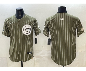 Men's Chicago Cubs Blank Pinstripe Olive 2026 Armed Forces Day Salute To Service Stitched Baseball Jersey
