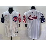 Men's Chicago Cubs Team Big Logo White Pinstripe 2025 Independence Day Vapor Premier Limited Stitched Baseball Jersey