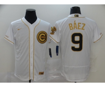 Nike Men's Chicago Cubs #9 Javier Baez White Retro gold font Fashion Flex Base Authentic Baseball Jersey