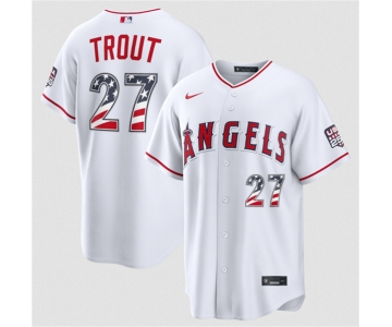 Men's Los Angeles Angels #27 Mike Trout 2026 White USA 250 Fourth of July Home Stadium Stitched Baseball Jersey