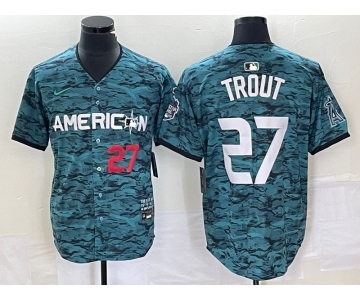 Men's Los Angeles Angels #27 Mike Trout Number Teal 2023 All Star Cool Base Stitched Jersey