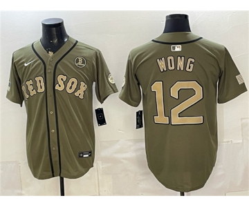 Men's Boston Red Sox #12 Connor Wong Olive Armed Forces Day Cool Base Stitched Baseball Jersey