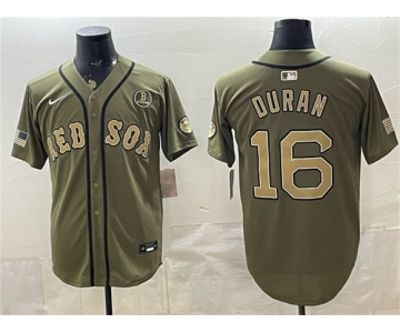 Men's Boston Red Sox #16 Jarren Duran Olive Armed Forces Day Cool Base Stitched Baseball Jersey