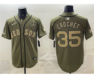 Men's Boston Red Sox #35 Garrett Crochet Olive Armed Forces Day Cool Base Stitched Baseball Jersey