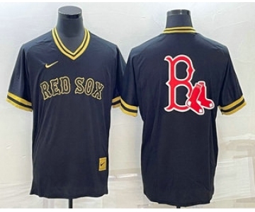 Men's Boston Red Sox Big Logo Black Gold Nike Cooperstown Legend V Neck Jersey
