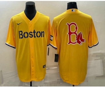 Men's Boston Red Sox Big Logo Gold 2021 City Connect Stitched MLB Cool Base Nike Jersey