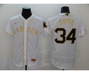 Nike Men's Boston Red Sox #34 David Ortiz White Gold Home Flex Base Authentic Collection Baseball Jersey