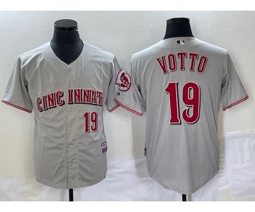 Men's Cincinnati Reds #19 Joey Votto Grey Wool Stitched Throwback Jersey