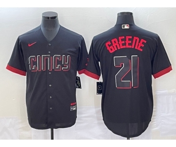 Men's Cincinnati Reds #21 Hunter Greene Black 2023 City Connect Cool Base Stitched Jersey1