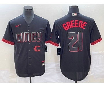 Men's Cincinnati Reds #21 Hunter Greene Black 2023 City Connect Cool Base Stitched Jersey