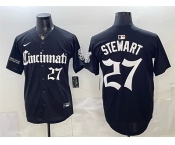 Men's Cincinnati Reds #27 Sal Stewart Black 'Gothic Queen City Edition' Vapor Premier Limited Stitched Baseball Jersey