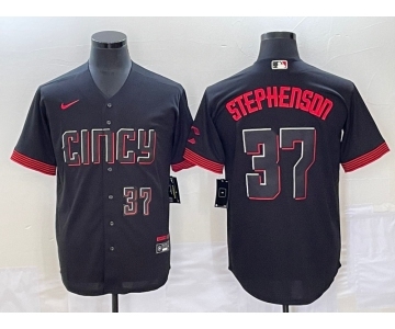 Men's Cincinnati Reds #37 Tyler Stephenson Number Black 2023 City Connect Cool Base Stitched Jersey2