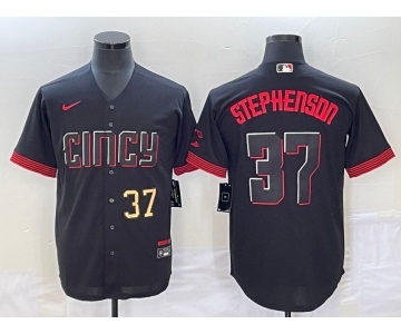 Men's Cincinnati Reds #37 Tyler Stephenson Number Black 2023 City Connect Cool Base Stitched Jersey