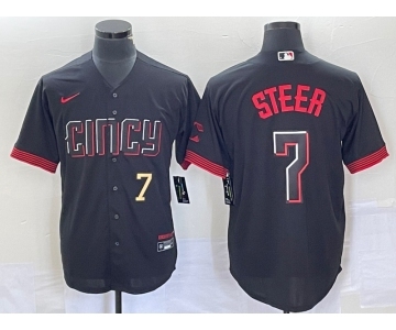 Men's Cincinnati Reds #7 Spencer Steer Numer Black 2023 City Connect Cool Base Stitched Baseball Jersey 2