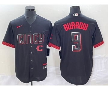 Men's Cincinnati Reds #9 Joe Burrow Black 2023 City Connect Cool Base Stitched Baseball Jersey1