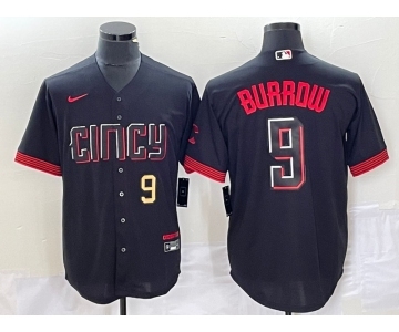 Men's Cincinnati Reds #9 Joe Burrow Number Black 2023 City Connect Cool Base Stitched Baseball Jersey1