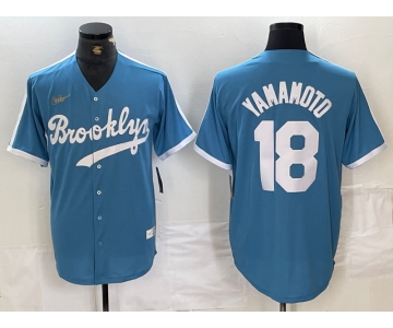 Men's Brooklyn Dodgers #18 Yoshinobu Yamamoto Light Blue Cooperstown Collection Cool Base Jersey