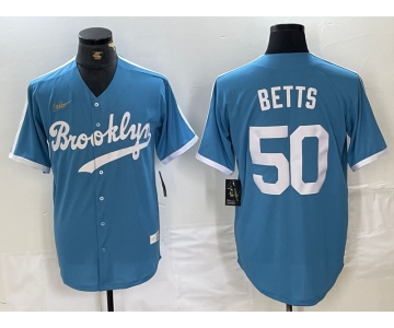 Men's Brooklyn Dodgers #50 Mookie Betts Light Blue Cooperstown Collection Cool Base Jersey