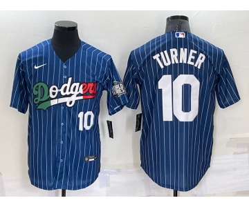 Mens Los Angeles Dodgers #10 Justin Turner Number Navy Blue Pinstripe 2020 World Series Cool Base Nike Jersey