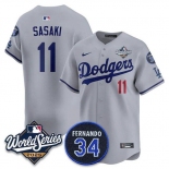 Men's Los Angeles Dodgers #11 Rōki Sasaki Gray 2025 World Series With No. 34 Patch Limited Stitched Jersey Men's Los Angeles Dodgers #11 Rōki Sasaki Gray 2025 World Series With No. 34 Patch Limited Stitched Jersey