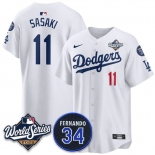 Men's Los Angeles Dodgers #11 Rōki Sasaki White 2025 World Series With No. 34 Patch Limited Stitched Jersey Men's Los Angeles Dodgers #11 Rōki Sasaki White 2025 World Series With No. 34 Patch Limited Stitched Jersey