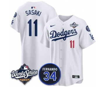 Men's Los Angeles Dodgers #11 Rōki Sasaki White 2025 World Series With No. 34 Patch Limited Stitched Jersey