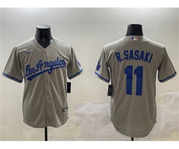 Men's Los Angeles Dodgers #11 Roki Sasaki Gray Cool Base Stitched Baseball Jersey