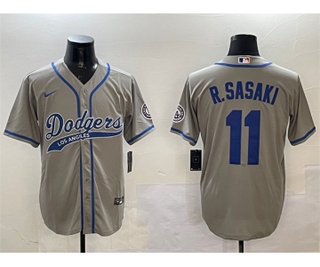 Men's Los Angeles Dodgers #11 Roki Sasaki Gray With Patch Cool Base Stitched Baseball Jersey