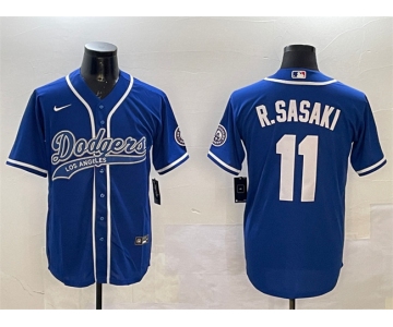 Men's Los Angeles Dodgers #11 Roki Sasaki Royal With Patch Cool Base Stitched Baseball Jersey