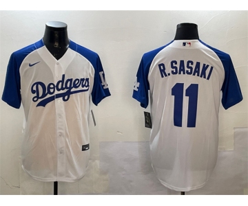 Men's Los Angeles Dodgers #11 Roki Sasaki White Blue Cool Base Stitched Baseball Jersey