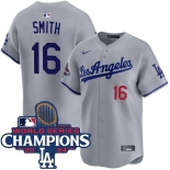 Men's Los Angeles Dodgers #16 Will Smith Gray 2024 World Series Champions Patch Limited Stitched Baseball Jersey Men's Los Angeles Dodgers #16 Will Smith Gray 2024 World Series Champions Patch Limited Stitched Baseball Jersey