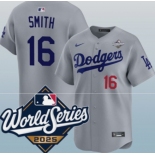 Men's Los Angeles Dodgers #16 Will Smith Gray 2025 World Series Limited Stitched Baseball Jersey Men's Los Angeles Dodgers #16 Will Smith Gray 2025 World Series Limited Stitched Baseball Jersey