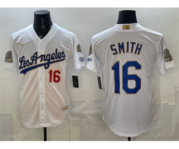 Men's Los Angeles Dodgers #16 Will Smith White 2026 Gold Collection 9x & B2B Champs Patch Stitched Baseball Jersey