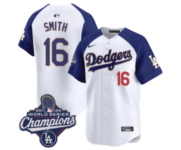 Men's Los Angeles Dodgers #16 Will Smith White Blue 2025 Champions Stitched Baseball Jersey