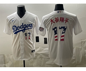 Men's Los Angeles Dodgers #17 大谷翔平 White USA 250 Fourth of July Home Stitched Baseball Jersey