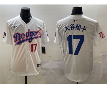 Men's Los Angeles Dodgers #17 大谷翔平 White With American Flag Patch Limited Stitched Baseball Jersey