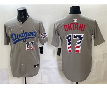 Men's Los Angeles Dodgers #17 Shohei Ohtani Gray 250 Fourth of July Road Stitched Baseball Jersey