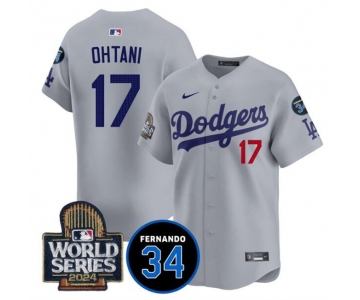 Men's Los Angeles Dodgers #17 Shohei Ohtani Grey 2024 World Series With Fernando Memorial Patch Limited Stitched Baseball Jersey