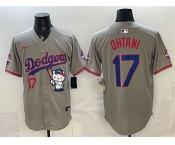 Men's Los Angeles Dodgers #17 Shohei Ohtani Grey Hello Kitty Night 2025 World Series Champions Patch Stitched Baseball Jersey Men's Los Angeles Dodgers #17 Shohei Ohtani Grey Hello Kitty Night 2025 World Series Champions Patch Stitched Baseball Jersey