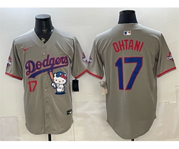 Men's Los Angeles Dodgers #17 Shohei Ohtani Grey Hello Kitty Night 2025 World Series Champions Patch Stitched Baseball Jersey