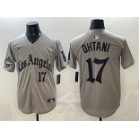 Men's Los Angeles Dodgers #17 Shohei Ohtani Grey LA Gothic Style With 2025 World Series Champions Patch Limited Stitched Baseball Jersey