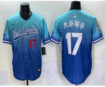 Men's Los Angeles Dodgers #17 Shohei Ohtani Japanese Blue 2025 City Connect Limited Stitched Jersey
