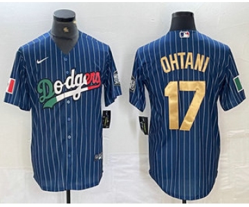 Men's Los Angeles Dodgers #17 Shohei Ohtani Mexico Blue Gold Pinstripe Cool Base Stitched Jersey