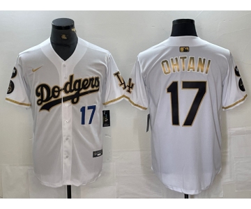 Mens Los Angeles Dodgers #17 Shohei Ohtani Number White Gold Fashion Stitched Cool Base Limited Jersey