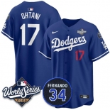 Men's Los Angeles Dodgers #17 Shohei Ohtani Royal 2025 World Series With No.34 Patch Limited Stitched Baseball Jersey Men's Los Angeles Dodgers #17 Shohei Ohtani Royal 2025 World Series With No.34 Patch Limited Stitched Baseball Jersey
