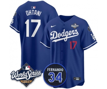 Men's Los Angeles Dodgers #17 Shohei Ohtani Royal 2025 World Series With No.34 Patch Limited Stitched Baseball Jersey